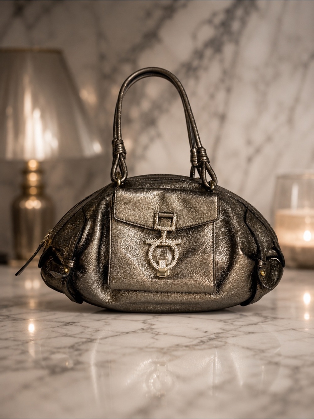 Salvatore Ferragamo Metallic Leather Crystal Gancini Satchel Bag Bronze Gold